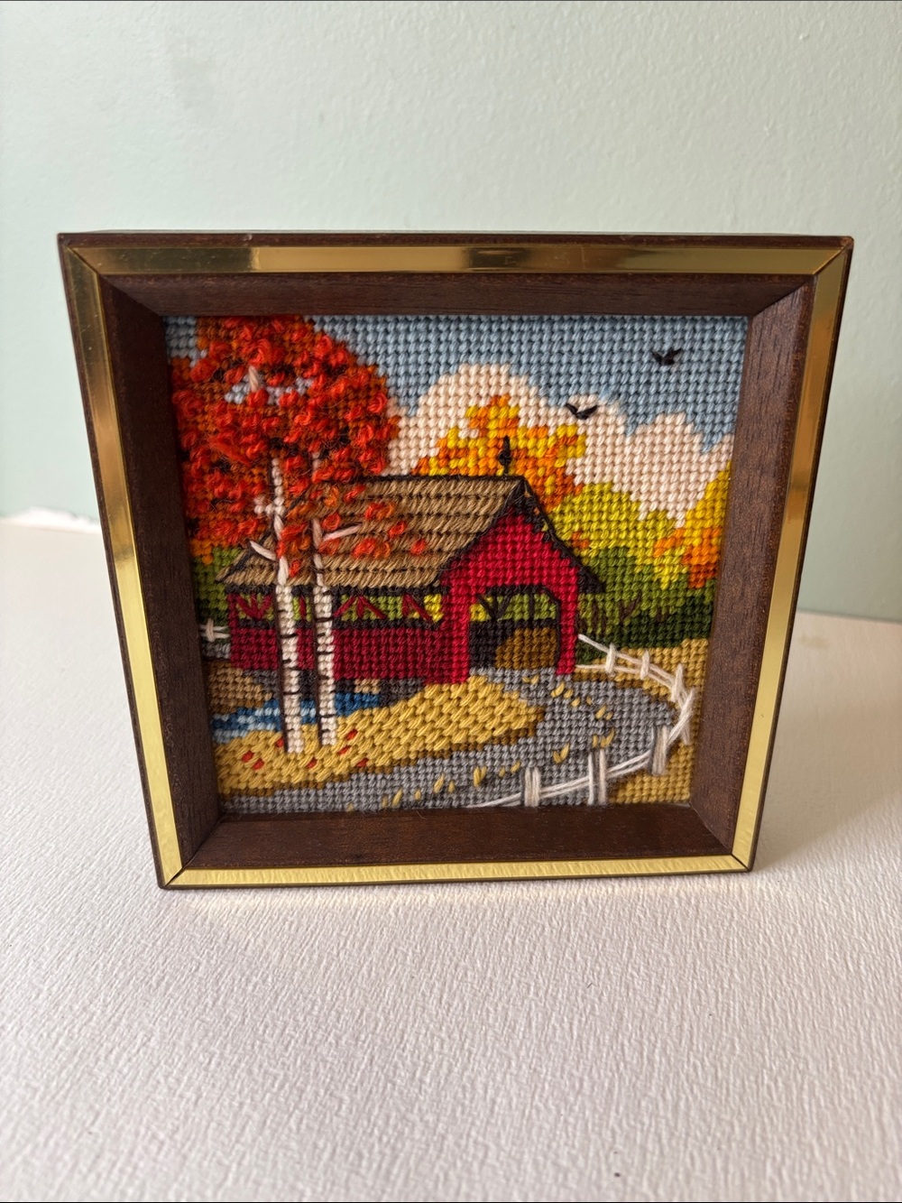 Vintage Framed Needlepoint Red Covered Bridge Autumn Scene